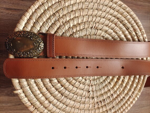 Boho Style Long Brown Leather Belt With Massive Buckle by  display picture 2