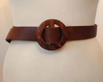 Regular Brown Thick Faux Leather Adjustable Belt With Wooden Buckle