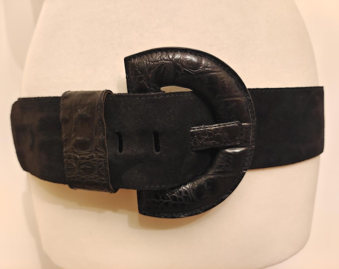 Wide Black Real Suede 90's Vintage Belt With Big Leather Buckle