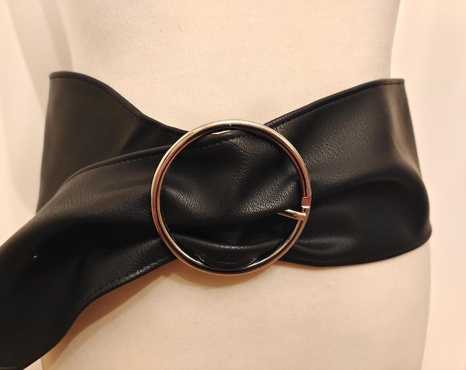 Extra Wide Black Faux Leather Belt With Silver Buckle by Calliope