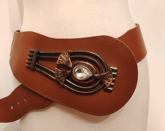 Vintage 90's Wide Brown Leather Belt With Large Colorful Paisley