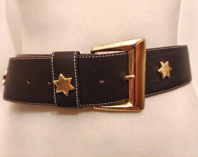 80's Vintage Brown Faux Leather Belt With Golden Stars by Soprani