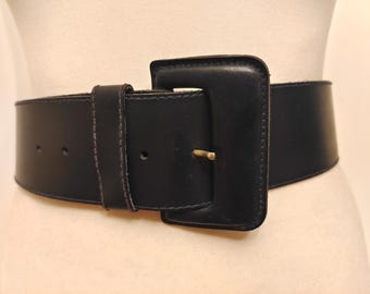 90's Vintage Wide Black Real Leather Belt