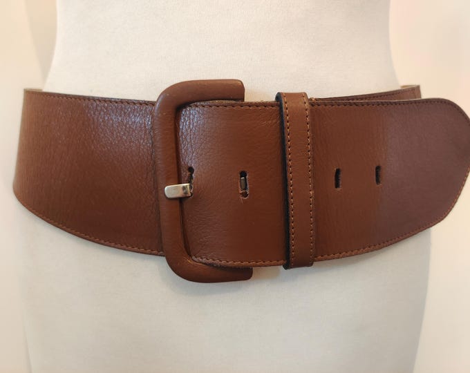 90's Vintage Wide Brown Real Leather Belt