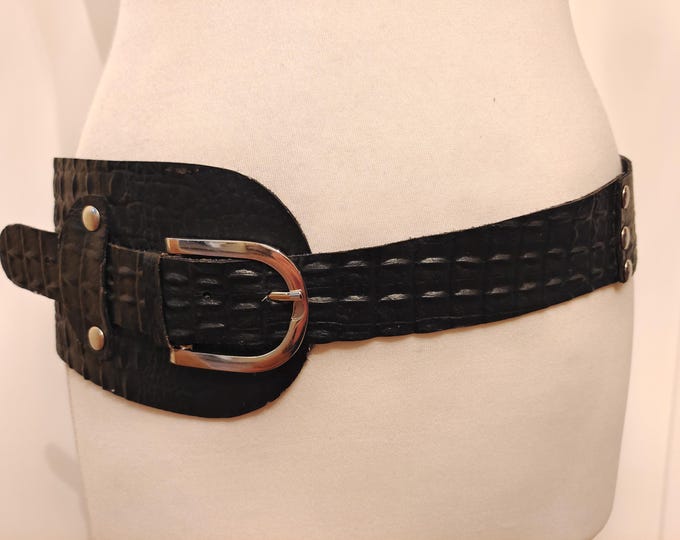Extra Wide Black 80's Vintage Real Leather Belt