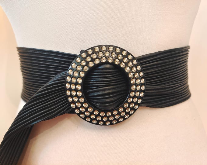 Wide Black Faux Leather Adjustable Belt With Round Buckle