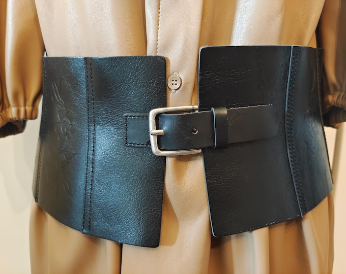 Extra Wide Black Real Leather Corset Belt by Zara