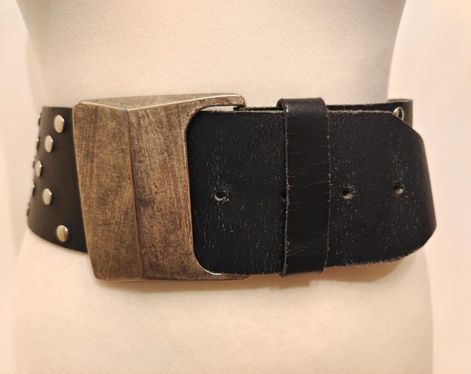 Wide Black Real Leather Studded Belt With Heavy Silver Metal Buckle by Natur Sweden