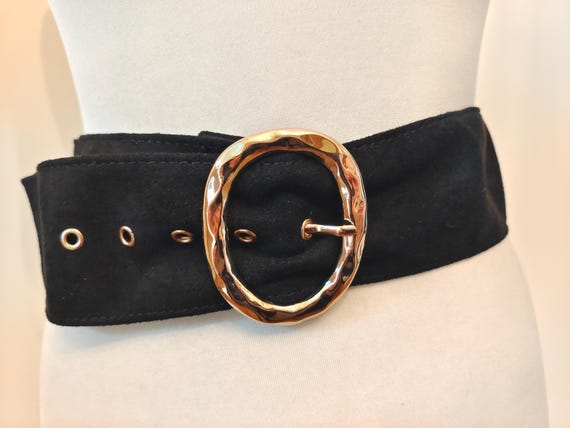 Wide Black Faux Suede Belt With Golden Metal Buckle - Etsy  display picture 3