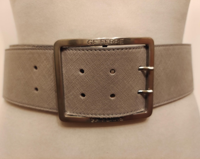Wide Grey Faux Leather Double Prong Belt by GF FERRE Made in Italy