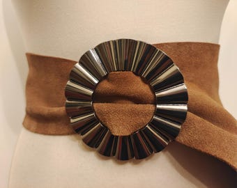 Extra Wide Light Brown Adjustable Velour Belt With Metal Ring Buckle