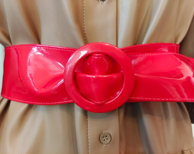 80's Vintage Wide Red Faux Leather Adjustable Belt