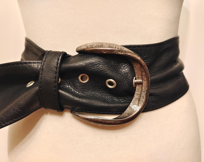 90's Vintage Wide Black Real Leather Belt With Silver Metal Buckle