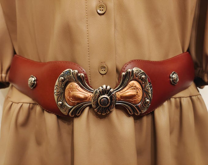 80's Vintage Brown Real Leather Belt With Silver Metal Buckle Made in Italy