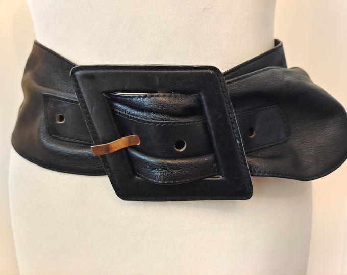 80's Vintage Extra Wide Black Real Leather Belt
