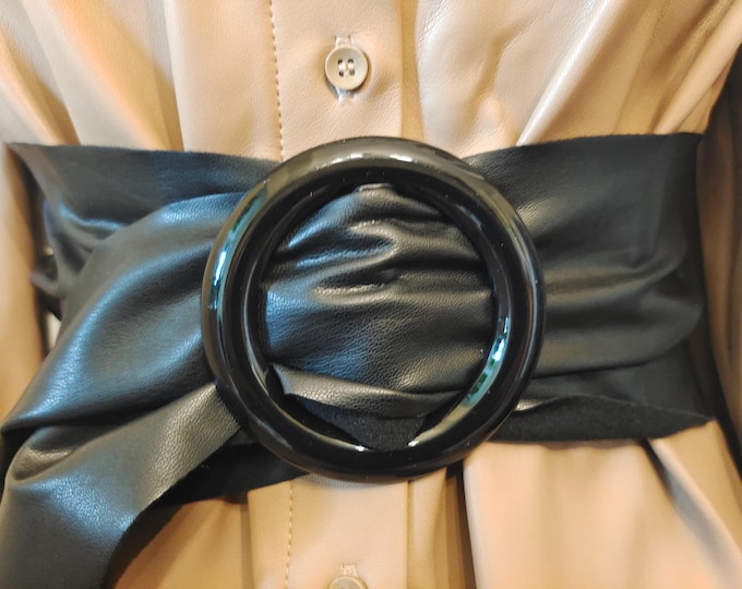 Extra Wide Black Soft Faux Leather Adjustable Belt With Ring Buckle