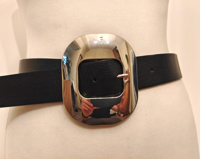 Regular Black Faux Leather Belt With Huge Silver Metal Buckle by Mango