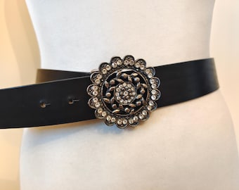 Vintage Levis Black Leather Belt: Silver Gems Buckle, Made in Italy