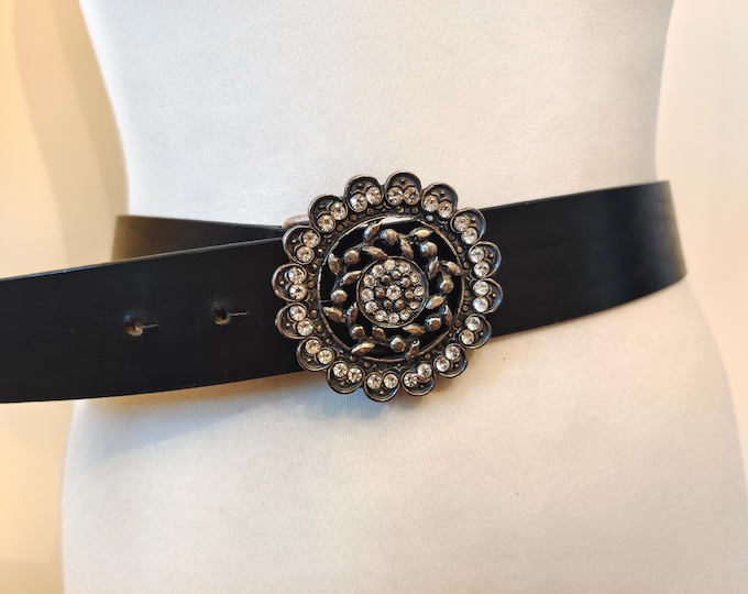 90's Vintage Black Real Leather Belt With Silver Metal Gems Buckle by Levis Store Made in Italy
