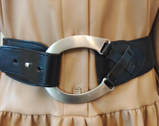 Black Real Leather Belt With Big Silver Metal Buckle by Esprit