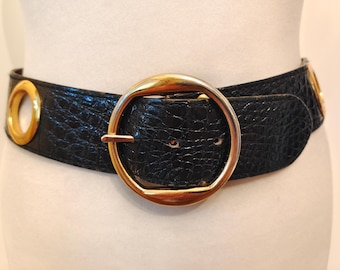 90's Vintage Black Crocodile Leather Patent Belt by Sepcoeur Made in France