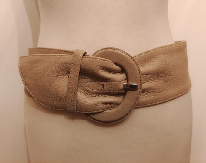 Wide Beige Real Leather Belt by Part Two