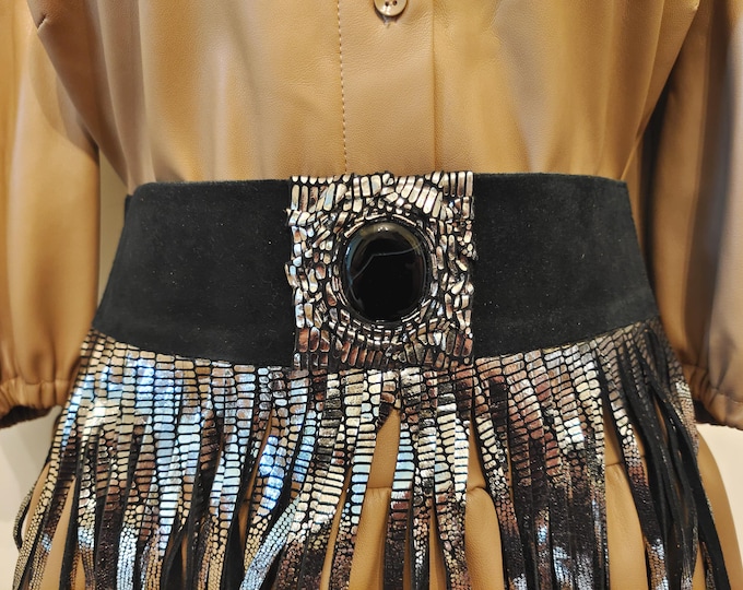 Wide Black & Silver Elastic Leather Belt