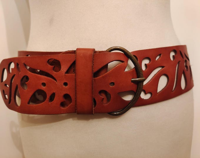 Wide Brown Real Leather Openwork Belt by Per Una Made in India