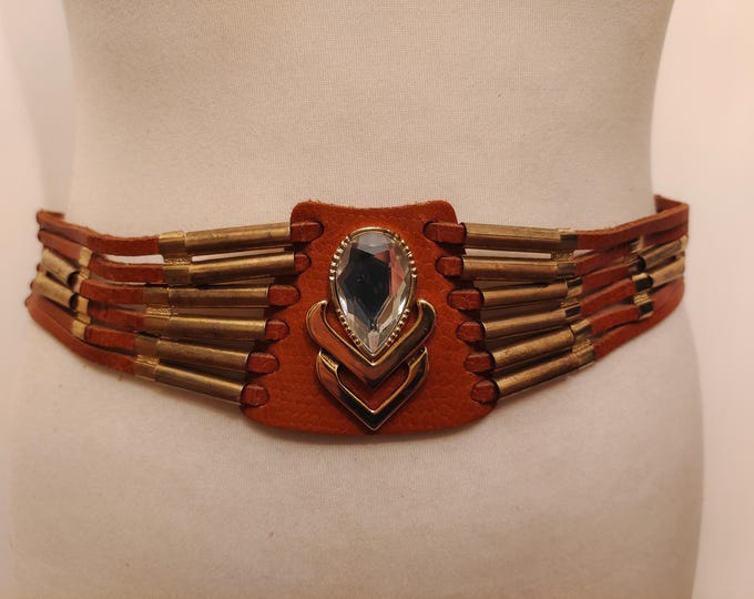 90' Vintage Brown Real Leather Belt With Golden Metal Elements