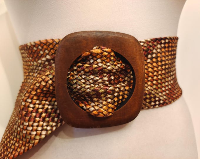 Extra Wide Fabric Brown Adjustable Belt With Wooden Buckle