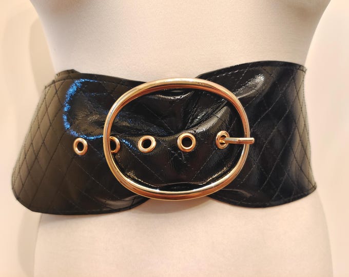 Extra Wide Black Faux Leather Belt With Golden Buckle by River Island
