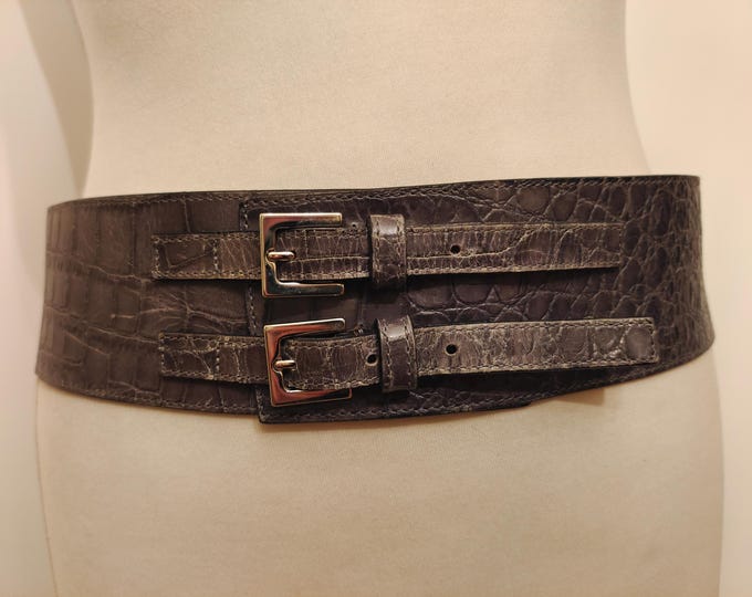 Wide Grey Real Leather Belt by Claudia May