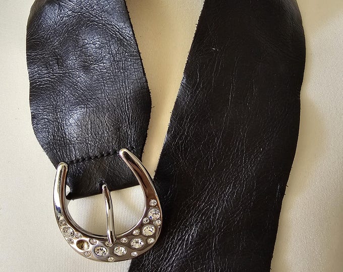 Next Wide Black Vintage Leather Belt With Gems Buckle