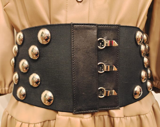 80's Extra Wide Black Elastic Belt With Silver Metal Elements by Adolf