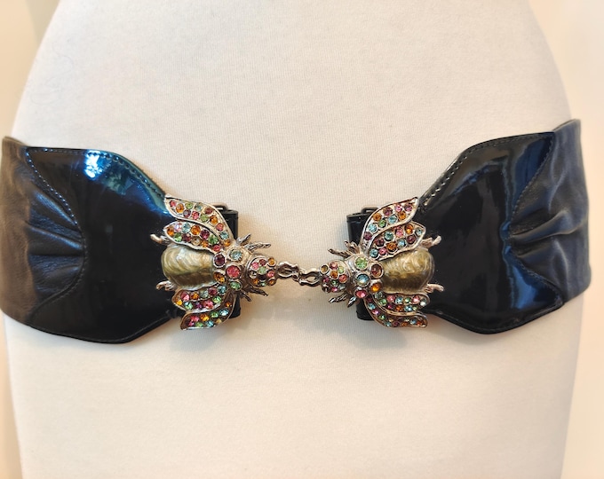 Wide Black Real Leather Vintage 90's Belt With Gems Beetle Buckle