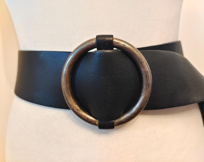 Wide Black Real Leather Adjustable Belt With Heavy Metal Buckle by Philosophy Blues Original