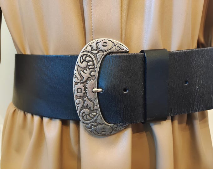 Wide Black Real Leather Belt With Silver Metal Buckle by Kookai