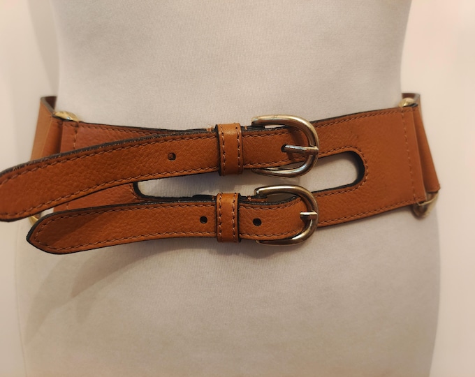 Wide Brown Real Leather Double Buckle Belt by Oasis Made in India