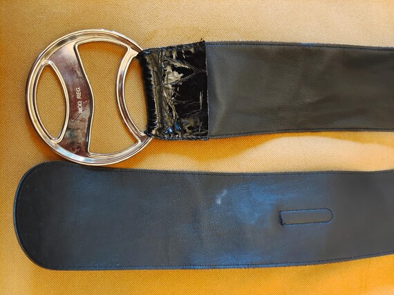 Roccobarocco wide patent leather huge silver buckle belt. Wide Black Faux Leather Patent Belt With Big Silver Metal  main image 3