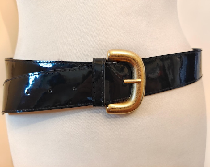 80's Vintage Black Faux Leather Patent Belt With Golden Metal Buckle