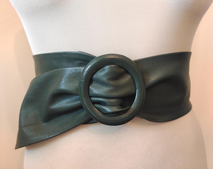 80's Vintage Wide Green Real Leather Adjustable Belt