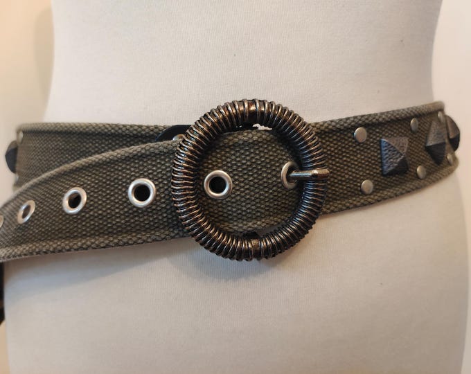 90's Vintage Grey Canvas Belt With Metal Elements