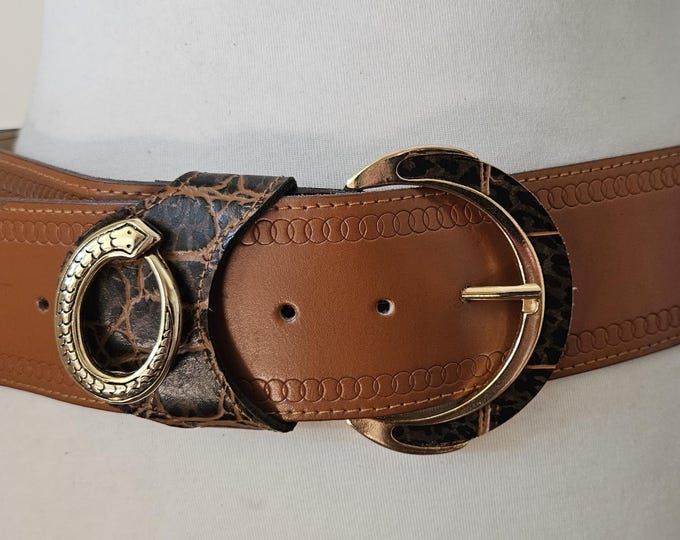 90's Vintage Wide Brown Real Leather Belt