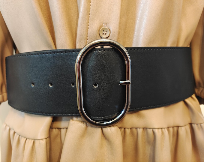 Wide Black Faux Leather Belt With Grey Metal Buckle by Even&Odd