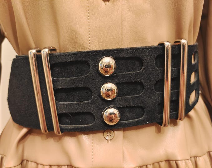 90's Vintage Wide Black Real Leather Belt With Silver Metal Buckle Made in Italy