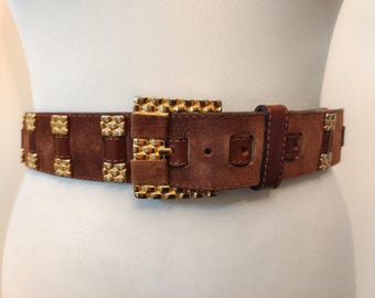 90's Vintage Brown Real Leather Belt With Golden Metal Elements