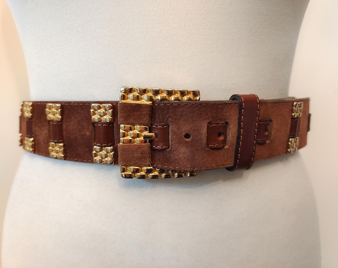 90's Vintage Brown Real Leather Belt With Golden Metal Elements