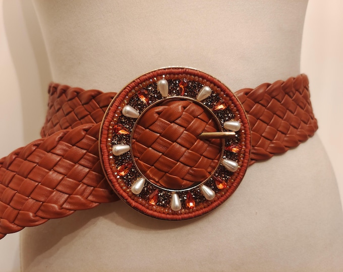 Faux Leather Brown Adjustable Belt With Round Metal Buckle