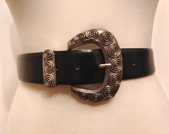 Black Real Leather Belt With Big Silver Buckle by Mango