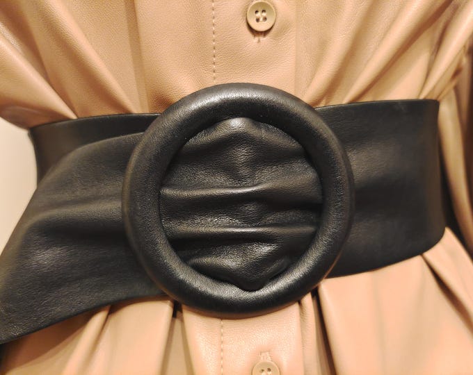 90's Vintage Wide Black Real Leather Adjustable Belt With Ring Buckle